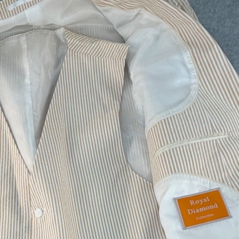 Royal Diamond Mens 3 Piece Seersucker Suit Tan White Stripe 52R Blazer Vest Pant - Picture 3 of 13